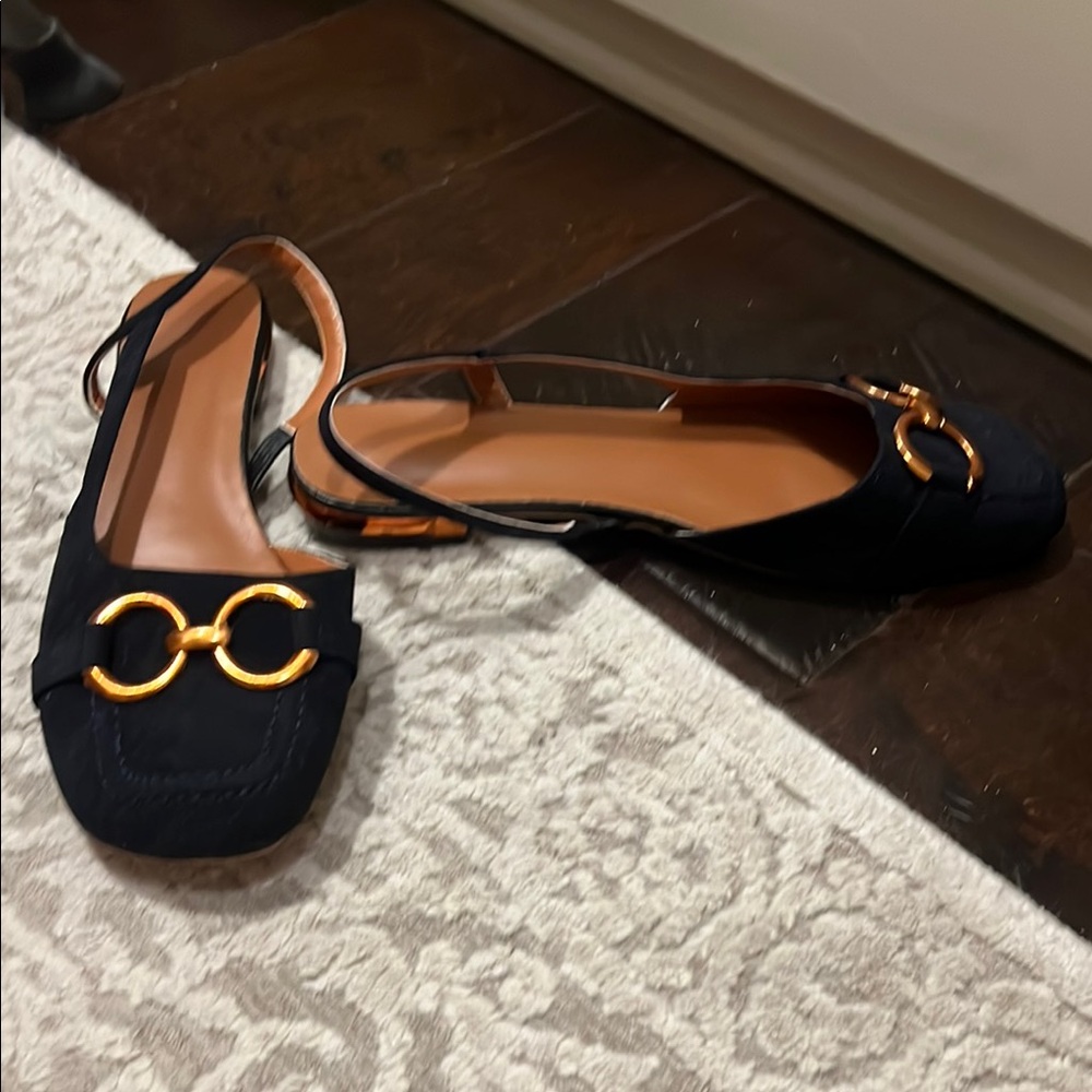 Elegant Black Slingback Flats with Gold Accents